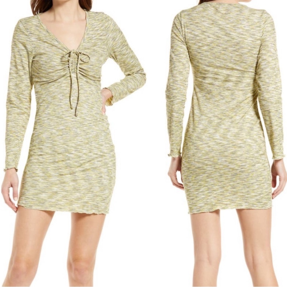 LISA SAYS GAH NWT LOTTA LONG SLEEVE RIBBED SPACE DYE MINI DRESS HONEYDEW GREEN